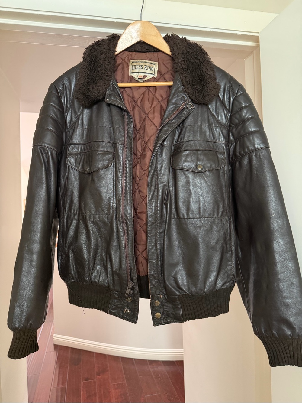 Men's Brown Leather Bomber Jacket with Sherpa Collar